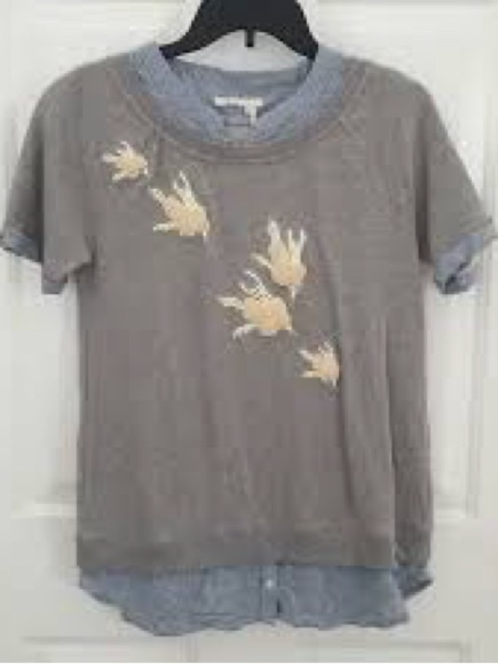 Floreat Gray Scoop-Neck Sweater Tee with Cream Beaded Birds Appliqué